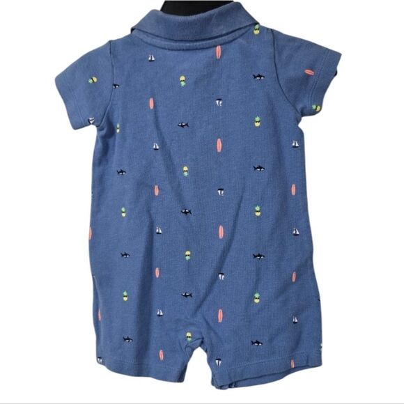 Baby Boy Carter's Shark Sailboat Pique Romper Blue Cotton Polo One-Piece Outfit - Picture 3 of 12